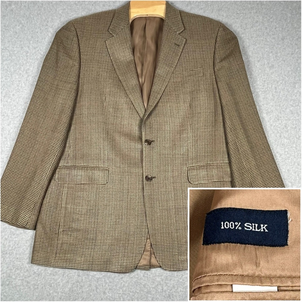 Men's Chaps Ralph Lauren 100% Silk Tan Houndstooth 2-Button 44L Blazer Jacket - Picture 1 of 11